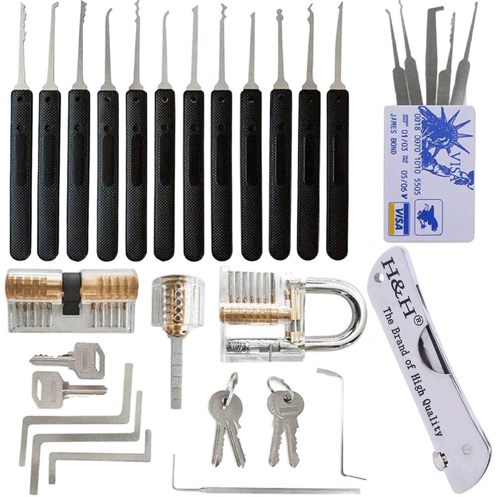 25 Piece Lock Pick Set with 12 Stainless Steel Lock Picking Kit, 3 Transparent Training Locks, 5 Piece Credit Card Lock Picking Kit, 5 Wrenches Tools