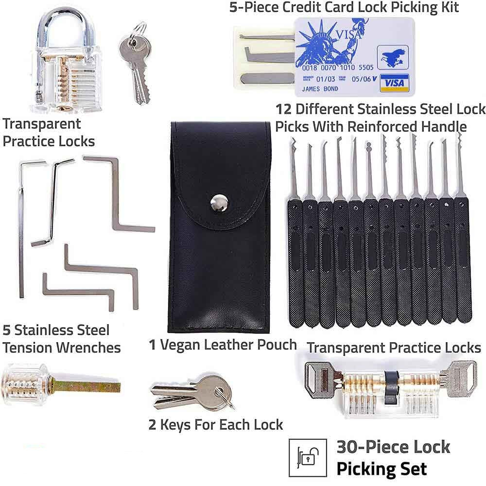 17 Piece Lock Pick Set,5 Transparent Training Lock, 5 Pcs Credit Card Lock Picking Kit