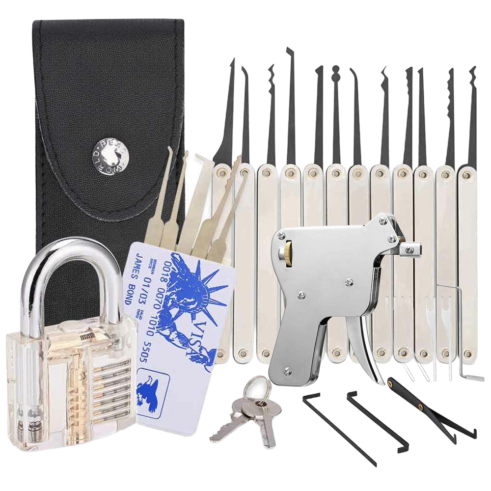 21 Pieces Lock Pick Set with Transparent Training Lock,15 PCS Stainless Steel Lock Picking Kit,5 PCS Credit Card Lock Picking Kit