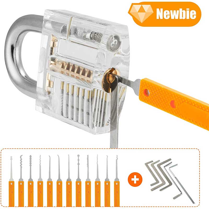 17 Piece Lock Pick Set with 3 Transparent Training Locks 5 Piece Credit Card Lock Picking Kit