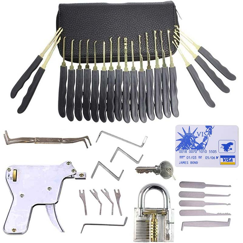 25 Piece Lock Pick Set with 12 Stainless Steel Lock Picking Kit, 3 Transparent Training Locks, 5 Piece Credit Card Lock Picking Kit, 5 Wrenches Tools