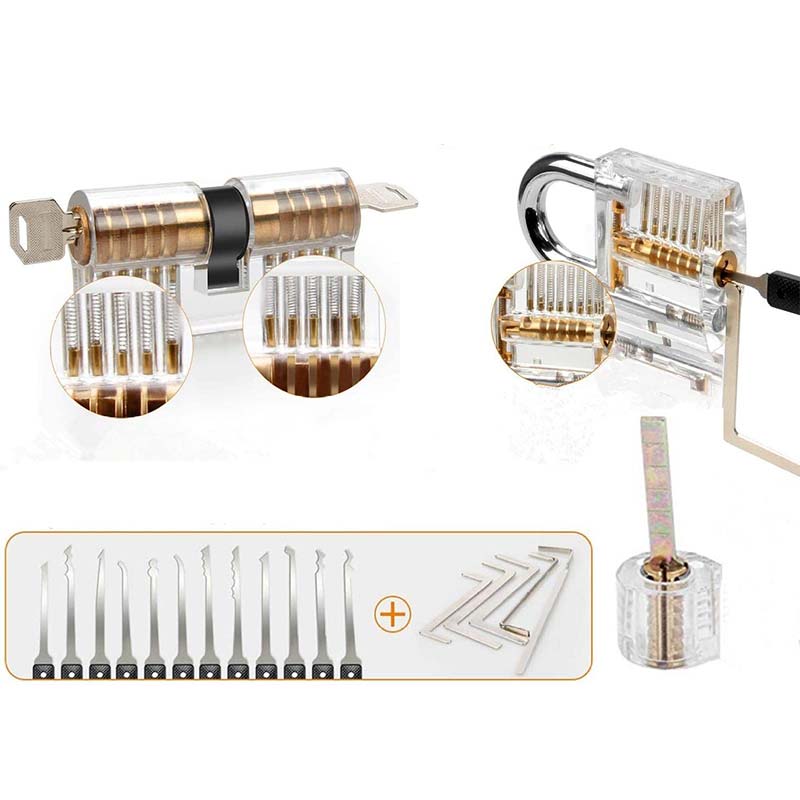 25 Piece Lock Pick Set with 12 Stainless Steel Lock Picking Kit, 3 Transparent Training Locks, 5 Piece Credit Card Lock Picking Kit, 5 Wrenches Tools