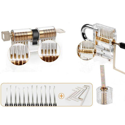 25 Piece Lock Pick Set with 12 Stainless Steel Lock Picking Kit, 3 Transparent Training Locks, 5 Piece Credit Card Lock Picking Kit, 5 Wrenches Tools